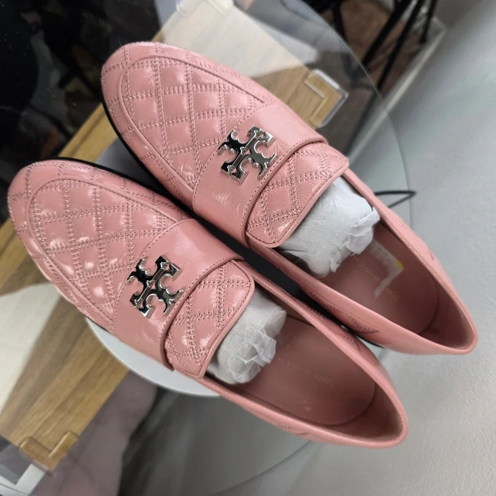 Tory Burch Mini Everly Chunky Leather Loafer 9M Pink Quilted Patent Lug Sole